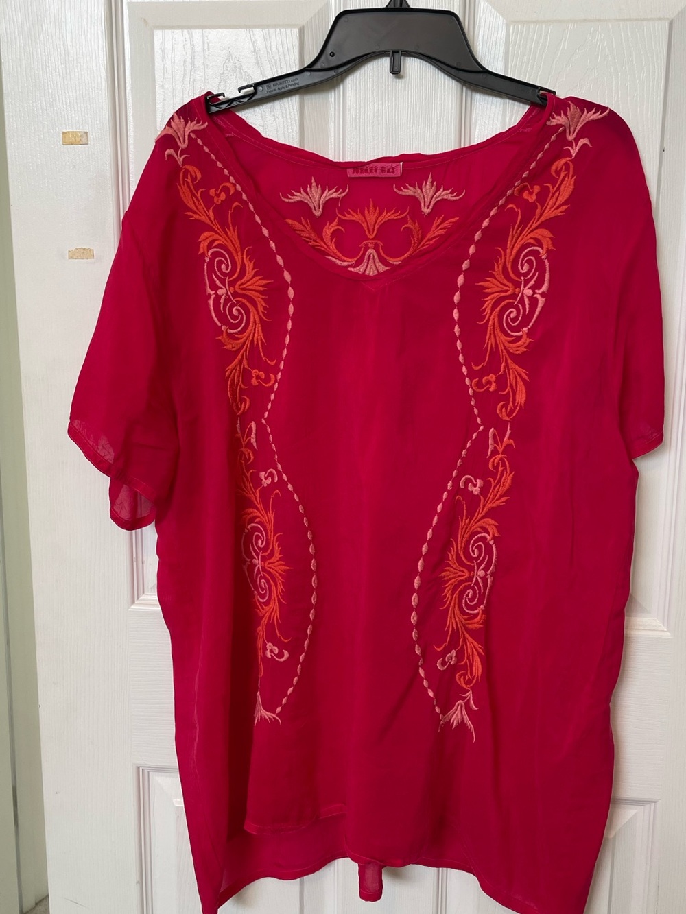 Johnny was Embroidered V-Neck Women's Top - Hot Pink short sleeve tunic